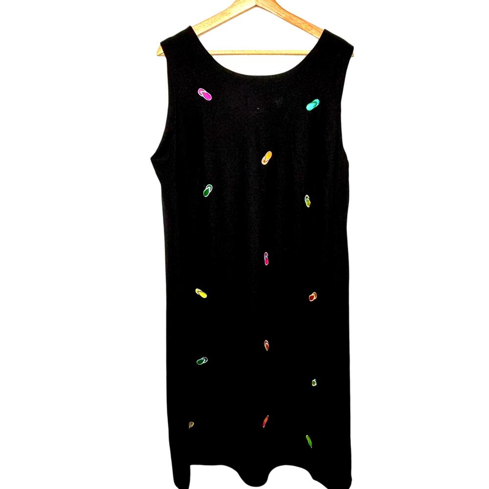 Megan Lee Wms 22W Vintage Black Linen Blend Embroidered Flip Flops Midi Dress